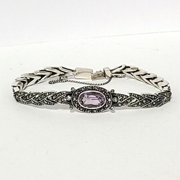 Vintage Art Deco Sterling Silver Purple Amethyst Marcasite Crystal Bracelet - Picture 1 of 15